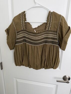 Free People Olive Green Smocked Peasant Top